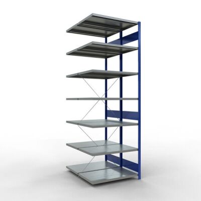 Anbauregal, Doppelregal, Fachbodenregal Stecksystem MULTIplus250, 3000 x 1000 x (2x600) mm (HxBxT), 2x7 Fachböden, Kreuzstrebe, RAL 7035 lichtgrau