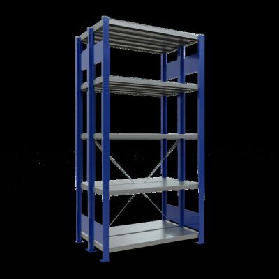 Grundregal, Doppelregal, Fachbodenregal Stecksystem MULTIplus250, 2000 x 1000 x (2x300) mm (HxBxT), 2x5 Fachböden, Kreuzstrebe, RAL 5010 enzianblau/verzinkt