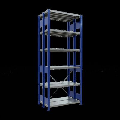 Grundregal, Doppelregal, Fachbodenregal Stecksystem MULTIplus250, 2500 x 1000 x (2x300) mm (HxBxT), 2x6 Fachböden, Kreuzstrebe, RAL 5010 enzianblau/verzinkt