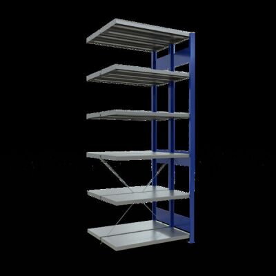 Anbauregal, Doppelregal, Fachbodenregal Stecksystem MULTIplus250, 2500 x 1000 x (2x400) mm (HxBxT), 2x6 Fachböden, Kreuzstrebe, RAL 5010 enzianblau/verzinkt