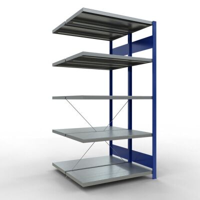 Anbauregal, Doppelregal, Fachbodenregal Stecksystem MULTIplus250, 2000 x 1000 x (2x500) mm (HxBxT), 2x5 Fachböden, Kreuzstrebe, RAL 5010 enzianblau/verzinkt