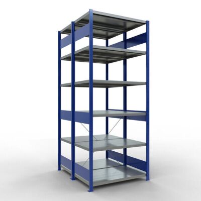 Grundregal, Doppelregal, Fachbodenregal Stecksystem MULTIplus250, 2500 x 1000 x (2x600) mm (HxBxT), 2x6 Fachböden, Kreuzstrebe, RAL 5010 enzianblau/verzinkt