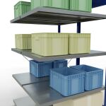 Anbauregal, Doppelregal, Fachbodenregal Stecksystem MULTIplus250, 2000 x 1000 x (2x600) mm (HxBxT), 2x5 Fachböden, Kreuzstrebe, RAL 5010 enzianblau/verzinkt