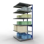 Anbauregal, Doppelregal, Fachbodenregal Stecksystem MULTIplus250, 2500 x 1000 x (2x600) mm (HxBxT), 2x6 Fachböden, Kreuzstrebe, RAL 5010 enzianblau/verzinkt