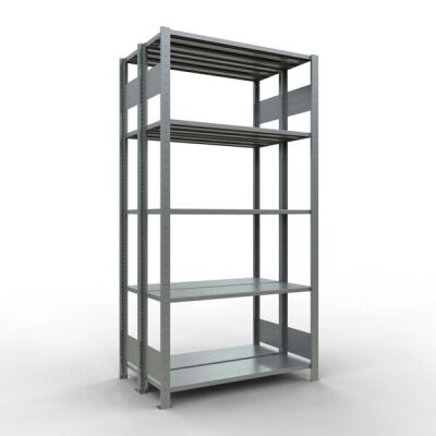 Grundregal, Doppelregal, Fachbodenregal Stecksystem MULTIplus150, 2000 x 1000 x (2x300) mm (HxBxT), 2x5 Fachböden, Längenriegel, verzinkt