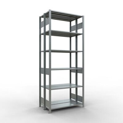 Grundregal, Doppelregal, Fachbodenregal Stecksystem MULTIplus150, 2500 x 1000 x (2x300) mm (HxBxT), 2x6 Fachböden, Längenriegel, verzinkt