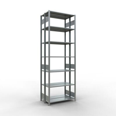 Grundregal, Doppelregal, Fachbodenregal Stecksystem MULTIplus150, 3000 x 1000 x (2x300) mm (HxBxT), 2x7 Fachböden, Längenriegel, verzinkt