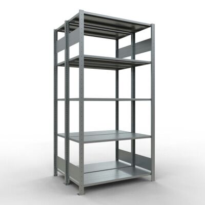 Grundregal, Doppelregal, Fachbodenregal Stecksystem MULTIplus150, 2000 x 1000 x (2x400) mm (HxBxT), 2x5 Fachböden, Längenriegel, verzinkt