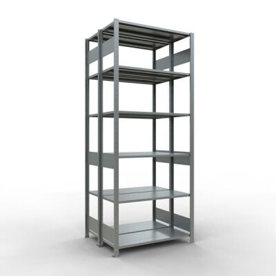 Grundregal, Doppelregal, Fachbodenregal Stecksystem MULTIplus150, 2500 x 1000 x (2x400) mm (HxBxT), 2x6 Fachböden, Längenriegel, verzinkt