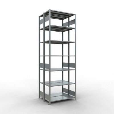 Grundregal, Doppelregal, Fachbodenregal Stecksystem MULTIplus150, 3000 x 1000 x (2x400) mm (HxBxT), 2x7 Fachböden, Längenriegel, verzinkt