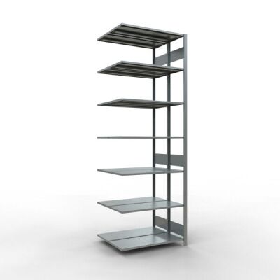 Anbauregal, Doppelregal, Fachbodenregal Stecksystem MULTIplus150, 3000 x 1000 x (2x400) mm (HxBxT), 2x7 Fachböden, Längenriegel, verzinkt