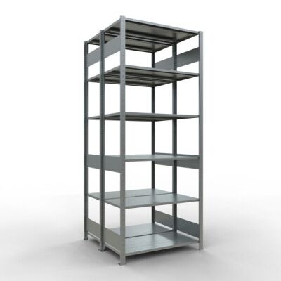 Grundregal, Doppelregal, Fachbodenregal Stecksystem MULTIplus150, 2500 x 1000 x (2x500) mm (HxBxT), 2x6 Fachböden, Längenriegel, verzinkt