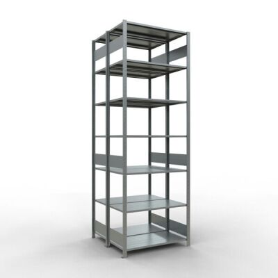 Grundregal, Doppelregal, Fachbodenregal Stecksystem MULTIplus150, 3000 x 1000 x (2x500) mm (HxBxT), 2x7 Fachböden, Längenriegel, verzinkt