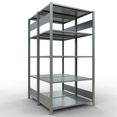 Grundregal, Doppelregal, Fachbodenregal Stecksystem MULTIplus150, 2000 x 1000 x (2x600) mm (HxBxT), 2x5 Fachböden, Längenriegel, verzinkt
