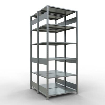 Grundregal, Doppelregal, Fachbodenregal Stecksystem MULTIplus150, 2500 x 1000 x (2x600) mm (HxBxT), 2x6 Fachböden, Längenriegel, verzinkt