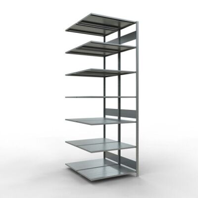 Anbauregal, Doppelregal, Fachbodenregal Stecksystem MULTIplus150, 3000 x 1000 x (2x600) mm (HxBxT), 2x7 Fachböden, Längenriegel, verzinkt