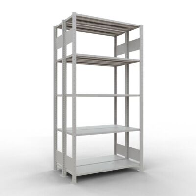 Grundregal, Doppelregal, Fachbodenregal Stecksystem MULTIplus150, 2000 x 1000 x (2x300) mm (HxBxT), 2x5 Fachböden, Längenriegel, RAL 7035 lichtgrau