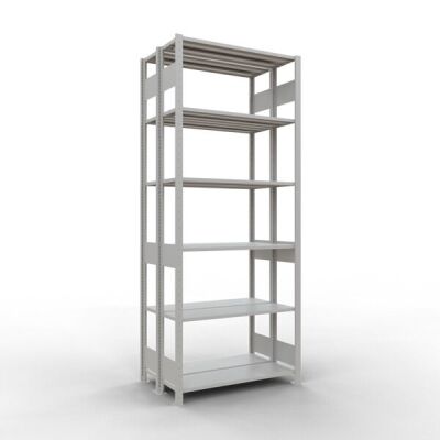 Grundregal, Doppelregal, Fachbodenregal Stecksystem MULTIplus150, 2500 x 1000 x (2x300) mm (HxBxT), 2x6 Fachböden, Längenriegel, RAL 7035 lichtgrau