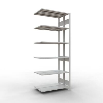 Anbauregal, Doppelregal, Fachbodenregal Stecksystem MULTIplus150, 2500 x 1000 x (2x300) mm (HxBxT), 2x6 Fachböden, Längenriegel, RAL 7035 lichtgrau