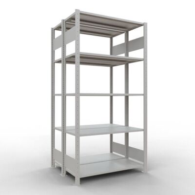 Grundregal, Doppelregal, Fachbodenregal Stecksystem MULTIplus150, 2000 x 1000 x (2x400) mm (HxBxT), 2x5 Fachböden, Längenriegel, RAL 7035 lichtgrau