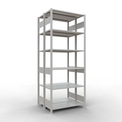 Grundregal, Doppelregal, Fachbodenregal Stecksystem MULTIplus150, 2500 x 1000 x (2x400) mm (HxBxT), 2x6 Fachböden, Längenriegel, RAL 7035 lichtgrau