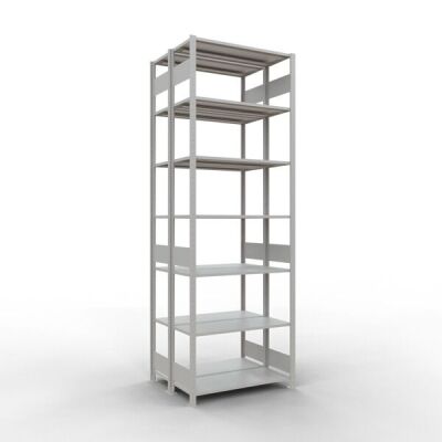 Grundregal, Doppelregal, Fachbodenregal Stecksystem MULTIplus150, 3000 x 1000 x (2x400) mm (HxBxT), 2x7 Fachböden, Längenriegel, RAL 7035 lichtgrau