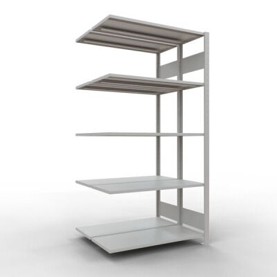 Anbauregal, Doppelregal, Fachbodenregal Stecksystem MULTIplus150, 2000 x 1000 x (2x400) mm (HxBxT), 2x5 Fachböden, Längenriegel, RAL 7035 lichtgrau