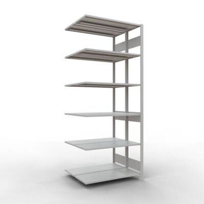 Anbauregal, Doppelregal, Fachbodenregal Stecksystem MULTIplus150, 2500 x 1000 x (2x400) mm (HxBxT), 2x6 Fachböden, Längenriegel, RAL 7035 lichtgrau