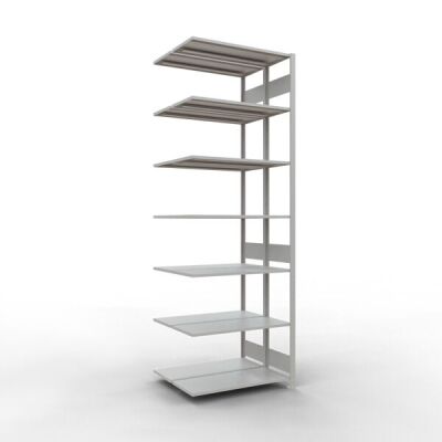 Anbauregal, Doppelregal, Fachbodenregal Stecksystem MULTIplus150, 3000 x 1000 x (2x400) mm (HxBxT), 2x7 Fachböden, Längenriegel, RAL 7035 lichtgrau