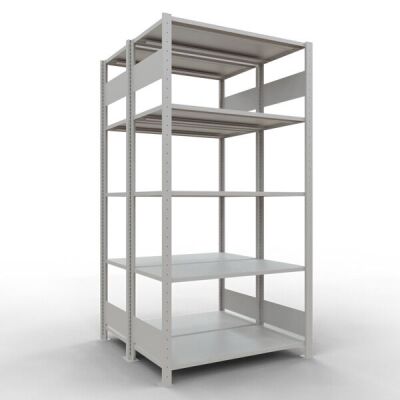 Grundregal, Doppelregal, Fachbodenregal Stecksystem MULTIplus150, 2000 x 1000 x (2x500) mm (HxBxT), 2x5 Fachböden, Längenriegel, RAL 7035 lichtgrau