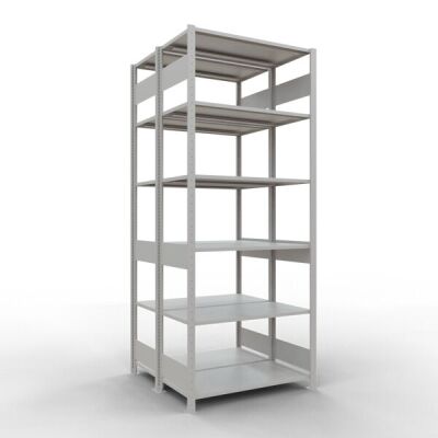 Grundregal, Doppelregal, Fachbodenregal Stecksystem MULTIplus150, 2500 x 1000 x (2x500) mm (HxBxT), 2x6 Fachböden, Längenriegel, RAL 7035 lichtgrau
