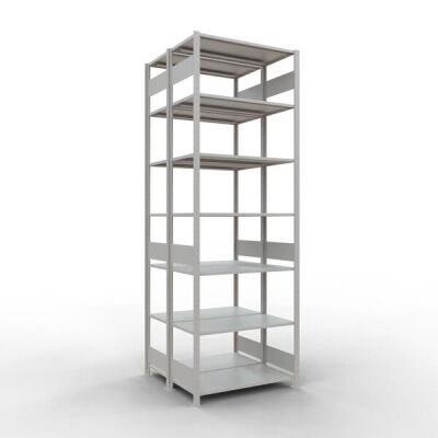 Grundregal, Doppelregal, Fachbodenregal Stecksystem MULTIplus150, 3000 x 1000 x (2x500) mm (HxBxT), 2x7 Fachböden, Längenriegel, RAL 7035 lichtgrau