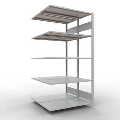 Anbauregal, Doppelregal, Fachbodenregal Stecksystem MULTIplus150, 2000 x 1000 x (2x500) mm (HxBxT), 2x5 Fachböden, Längenriegel, RAL 7035 lichtgrau