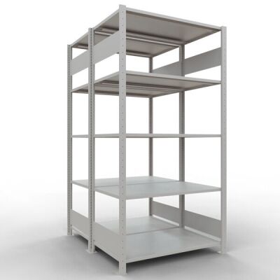 Grundregal, Doppelregal, Fachbodenregal Stecksystem MULTIplus150, 2000 x 1000 x (2x600) mm (HxBxT), 2x5 Fachböden, Längenriegel, RAL 7035 lichtgrau