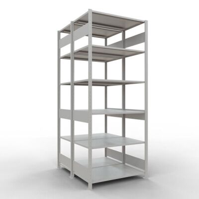 Grundregal, Doppelregal, Fachbodenregal Stecksystem MULTIplus150, 2500 x 1000 x (2x600) mm (HxBxT), 2x6 Fachböden, Längenriegel, RAL 7035 lichtgrau