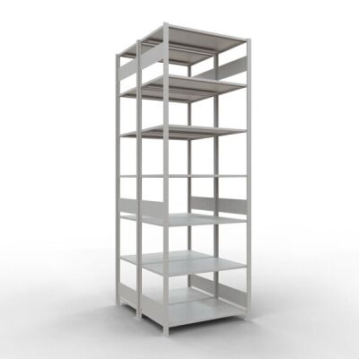 Grundregal, Doppelregal, Fachbodenregal Stecksystem MULTIplus150, 3000 x 1000 x (2x600) mm (HxBxT), 2x7 Fachböden, Längenriegel, RAL 7035 lichtgrau