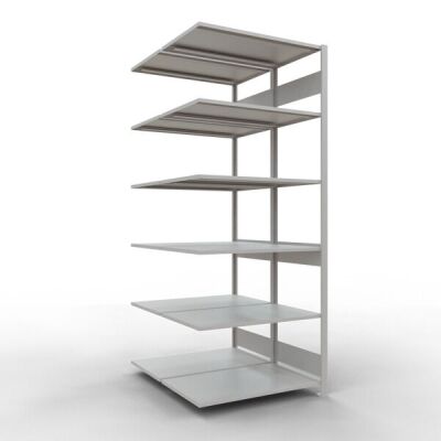 Anbauregal, Doppelregal, Fachbodenregal Stecksystem MULTIplus150, 2500 x 1000 x (2x600) mm (HxBxT), 2x6 Fachböden, Längenriegel, RAL 7035 lichtgrau
