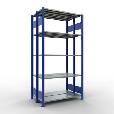 Grundregal, Doppelregal, Fachbodenregal Stecksystem MULTIplus150, 2000 x 1000 x (2x300) mm (HxBxT), 2x5 Fachböden, Längenriegel, RAL 5010 enzianblau/verzinkt