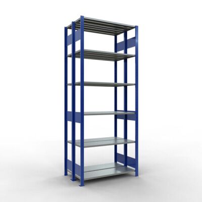 Grundregal, Doppelregal, Fachbodenregal Stecksystem MULTIplus150, 2500 x 1000 x (2x300) mm (HxBxT), 2x6 Fachböden, Längenriegel, RAL 5010 enzianblau/verzinkt