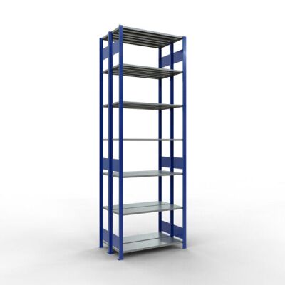 Grundregal, Doppelregal, Fachbodenregal Stecksystem MULTIplus150, 3000 x 1000 x (2x300) mm (HxBxT), 2x7 Fachböden, Längenriegel, RAL 5010 enzianblau/verzinkt