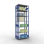 Grundregal, Doppelregal, Fachbodenregal Stecksystem MULTIplus150, 3000 x 1000 x (2x300) mm (HxBxT), 2x7 Fachböden, Längenriegel, RAL 5010 enzianblau/verzinkt