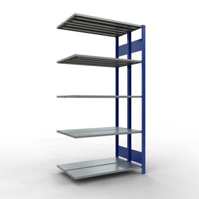 Anbauregal, Doppelregal, Fachbodenregal Stecksystem MULTIplus150, 2000 x 1000 x (2x300) mm (HxBxT), 2x5 Fachböden, Längenriegel, RAL 5010 enzianblau/verzinkt