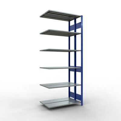 Anbauregal, Doppelregal, Fachbodenregal Stecksystem MULTIplus150, 2500 x 1000 x (2x300) mm (HxBxT), 2x6 Fachböden, Längenriegel, RAL 5010 enzianblau/verzinkt