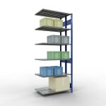 Anbauregal, Doppelregal, Fachbodenregal Stecksystem MULTIplus150, 2500 x 1000 x (2x300) mm (HxBxT), 2x6 Fachböden, Längenriegel, RAL 5010 enzianblau/verzinkt