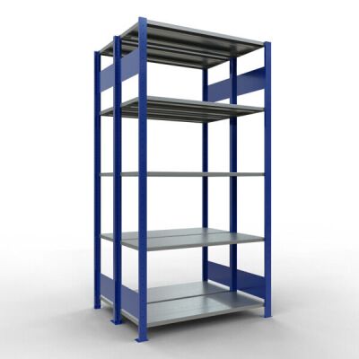 Grundregal, Doppelregal, Fachbodenregal Stecksystem MULTIplus150, 2000 x 1000 x (2x400) mm (HxBxT), 2x5 Fachböden, Längenriegel, RAL 5010 enzianblau/verzinkt