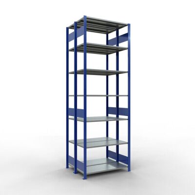 Grundregal, Doppelregal, Fachbodenregal Stecksystem MULTIplus150, 3000 x 1000 x (2x400) mm (HxBxT), 2x7 Fachböden, Längenriegel, RAL 5010 enzianblau/verzinkt