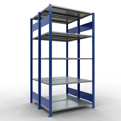 Grundregal, Doppelregal, Fachbodenregal Stecksystem MULTIplus150, 2000 x 1000 x (2x500) mm (HxBxT), 2x5 Fachböden, Längenriegel, RAL 5010 enzianblau/verzinkt