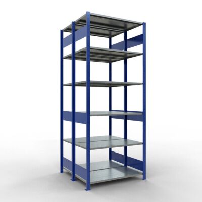 Grundregal, Doppelregal, Fachbodenregal Stecksystem MULTIplus150, 2500 x 1000 x (2x500) mm (HxBxT), 2x6 Fachböden, Längenriegel, RAL 5010 enzianblau/verzinkt