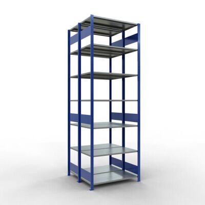 Grundregal, Doppelregal, Fachbodenregal Stecksystem MULTIplus150, 3000 x 1000 x (2x500) mm (HxBxT), 2x7 Fachböden, Längenriegel, RAL 5010 enzianblau/verzinkt