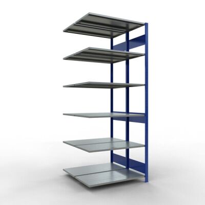 Anbauregal, Doppelregal, Fachbodenregal Stecksystem MULTIplus150, 2500 x 1000 x (2x500) mm (HxBxT), 2x6 Fachböden, Längenriegel, RAL 5010 enzianblau/verzinkt